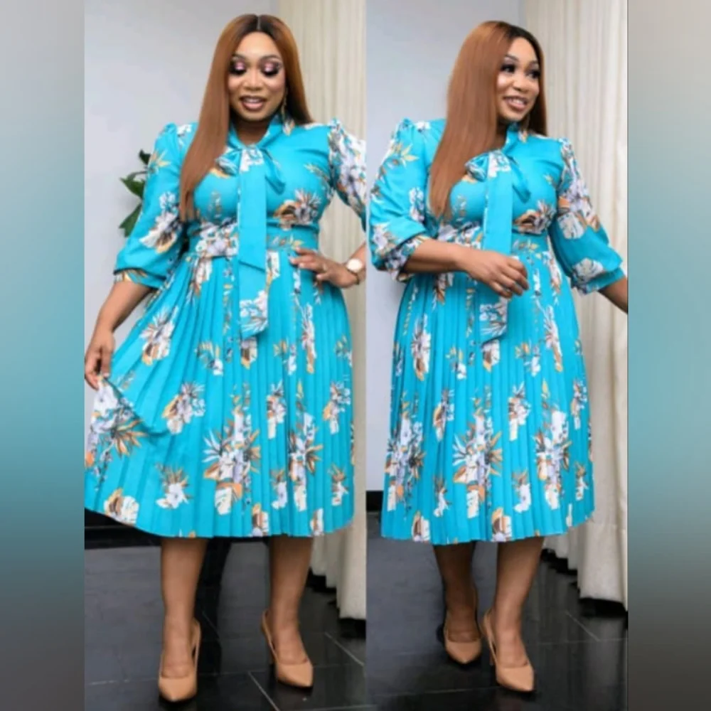 NWT Turquoise Floral Print Bow Tie Pleated Midi Dress